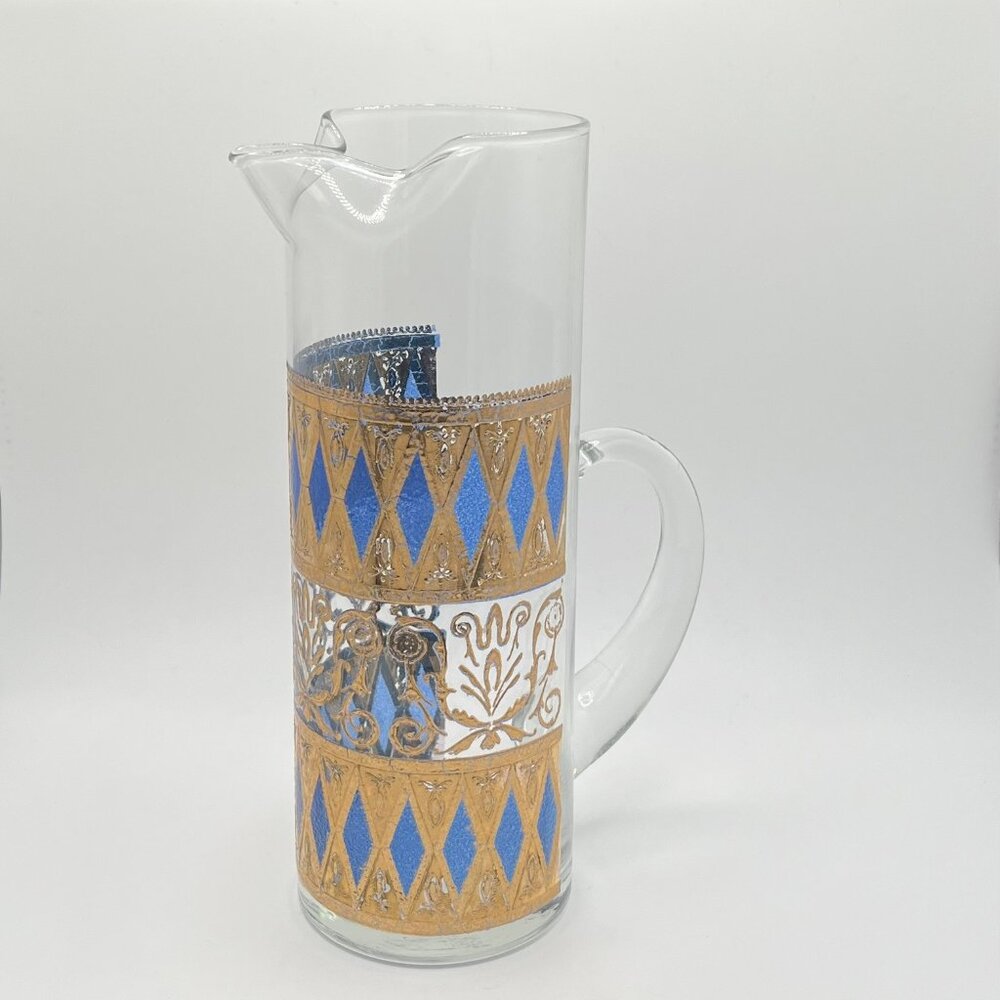 Vintage MCM West Virginia Glass Rainer 22K Gold & Blue Martini Pitcher Rare
